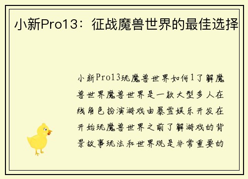 小新Pro13：征战魔兽世界的最佳选择